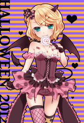 Rule 34 | 10s, 1girl, 2012, aqua eyes, asymmetrical legwear, blonde hair, blush, candy, cross, cross necklace, dress, food, halloween, hat, hat ribbon, heart, horns, jewelry, kagamine rin, lollipop, looking at viewer, mismatched legwear, necklace, outline, patterned legwear, polka dot, polka dot legwear, ribbon, short hair, smile, solo, striped, striped background, swirl lollipop, tail, thighhighs, vocaloid, wings, yayoi (egoistic realism)