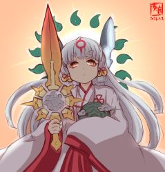 Rule 34 | 1girl, alternate costume, amaterasu (ookami), artist logo, blunt bangs, commentary request, cowboy shot, dated, gradient background, hair ribbon, headgear, highres, japanese clothes, kanon (kurogane knights), kantai collection, long hair, looking at viewer, magatama, miko, murakumo (kancolle), ookami (game), orange background, orange eyes, revision, ribbon, sidelocks, silver hair, simple background, solo, sword of kusanagi, thick eyebrows, tress ribbon, white background