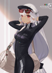 Rule 34 | 1girl, absurdres, altera (fate), altera (traveling outfit) (fate), bag, black dress, breasts, dark-skinned female, dark skin, dress, duffel bag, eyewear on head, fate/grand order, fate (series), feet out of frame, food in mouth, hands in hair, headdress, heroic spirit traveling outfit, high collar, highres, kumei, long sleeves, medium breasts, red eyes, short hair, simple background, solo, tagme, white hair