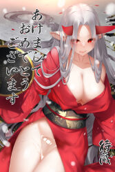 Rule 34 | 1girl, absurdly long hair, bare shoulders, breasts, cleavage, closed mouth, collarbone, commentary request, forehead, grey hair, highres, horns, japanese clothes, kimono, large breasts, long hair, long sleeves, mole, mole under mouth, obi, off shoulder, original, parted bangs, pointy ears, red eyes, red kimono, sash, smile, solo, translation request, very long hair, wakamezake, yuuji (yukimimi)