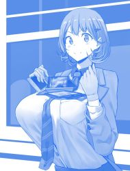Rule 34 | 1girl, blue theme, breasts, cellphone, gloves, hair ornament, hairclip, heart, heart hair ornament, huge breasts, looking at viewer, monochrome, narusawa ryouka, necktie, noccu, occultic;nine, parody, phone, pokent, shirt tucked in, short hair, smartphone, smile, solo, style parody, tawawa challenge, too many