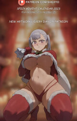 Rule 34 | 1girl, bikini, black clover, blurry, blurry background, blush, breasts, cameltoe, capelet, christmas tree, closed mouth, commentary, curtains, english text, fur-trimmed capelet, fur-trimmed thighhighs, fur trim, gloves, gluteal fold, highres, indoors, kneeling, large breasts, looking at viewer, navel, noelle silva, patreon logo, patreon username, pout, purple eyes, red bikini, red capelet, red gloves, shexyo, solo, swimsuit, symbol-only commentary, thick thighs, thighhighs, thighs, twintails, underboob, v-shaped eyebrows, watermark, web address, window