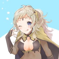 Rule 34 | 1girl, alternate hairstyle, asymmetrical bangs, blonde hair, bodystocking, breasts, bridal gauntlets, cape, circlet, fire emblem, fire emblem fates, grey eyes, large breasts, looking at viewer, nintendo, ophelia (fire emblem), pantyhose, ponytail, sakura no yoru, solo, tongue, tongue out, turtleneck, upper body