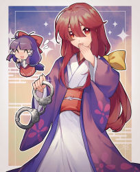 Rule 34 | 2girls, bow, closed eyes, commission, crying, cuffed, cuffs, floral print, hair bow, hair tubes, hakama, hakama skirt, hakurei reimu, hakurei reimu (pc-98), highres, japanese clothes, kimono, kotohime (touhou), long hair, looking at viewer, miko, multiple girls, obi, oito (bowstringsmall), open mouth, police, purple hair, purple kimono, red bow, red eyes, red hair, sash, skeb commission, skirt, tears, touhou, touhou (pc-98), wide sleeves, yellow bow