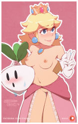 Rule 34 | artist name, bad id, bad tumblr id, blonde hair, blue eyes, blush, border, breasts, cleft of venus, collarbone, cowboy shot, crown, earrings, elbow gloves, eyes visible through hair, gloves, hands up, holding, jewelry, lips, long hair, medium breasts, navel, nipples, no panties, nose blush, outline, patreon logo, patreon username, phinci, pink background, pink skirt, princess peach, pussy, pussy juice, signature, simple background, skirt, smile, solo focus, sparkle, standing, stomach, topless, turnip, uncensored, v, watermark, web address, white border, white gloves, white outline