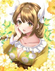 Rule 34 | 1girl, breasts, brown eyes, brown hair, cleavage, collarbone, dress, fire emblem, fire emblem engage, floral print, flower, goldmary (fire emblem), hair over shoulder, hair ribbon, hand on own cheek, hand on own face, highres, kakiko210, low ponytail, medium breasts, nintendo, open mouth, ribbon, smile, solo, upper body, yellow dress, yellow flower