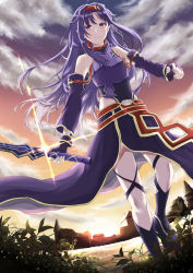 Rule 34 | 1girl, anemonaris, armor, breastplate, cloud, cloudy sky, commentary request, detached sleeves, fingerless gloves, gloves, highres, holding, long hair, looking at viewer, outdoors, pointy ears, purple hair, red eyes, rising sun flag, scenery, sky, solo, sunburst, sunrise, sword art online, yuuki (sao)