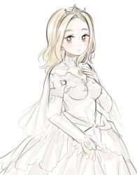 Rule 34 | 1girl, aubz, bare shoulders, blonde hair, bridal veil, bride, dress, elbow gloves, flower, formal, gloves, highres, jewelry, long hair, necklace, octopath traveler, octopath traveler i, ophilia (octopath traveler), rose, simple background, smile, solo, strapless, strapless dress, veil, wedding, wedding dress, white dress, white flower, white gloves