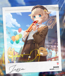 Rule 34 | 1girl, artist request, bag, balloon, blue eyes, brown hat, brown jacket, brown skirt, carousel, character name, collared shirt, copyright name, covering own mouth, frilled shirt, frills, girls&#039; frontline, girls&#039; frontline neural cloud, hair ornament, handbag, hat, highres, jacket, jessie (neural cloud), light brown hair, long sleeves, looking at viewer, m1897 (girls&#039; frontline), official art, outdoors, polaroid, shirt, shirt tucked in, short hair, skirt, sky, solo, two side up, valentine, white shirt