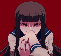 Rule 34 | 2girls, black eyes, black hair, black nails, blunt bangs, commentary, half-closed eyes, hand grab, highres, imminent kiss, kiss, kissing hand, long hair, looking at viewer, multiple girls, nail polish, original, portrait, pov, red background, school uniform, shaded face, smirk, solo focus, symbol-only commentary, unn1666, yuri