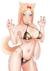 Rule 34 | 1girl, absurdres, animal ears, areola slip, bikini, black bikini, blonde hair, blue eyes, blush, bow, breasts, claw pose, cleavage, clothing cutout, cowboy shot, earrings, fox ears, fox tail, fran (gudanco (nyanmeowzer)), grin, gudanco (nyanmeowzer), hair bow, highres, jewelry, large breasts, long hair, looking at viewer, nail polish, navel, original, red bow, simple background, smile, solo, string bikini, swimsuit, tail, thick eyebrows, thong, twitter username, white background