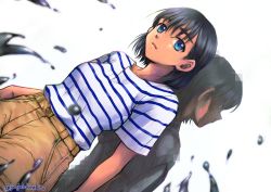 Rule 34 | 1girl, artist name, black hair, blue eyes, brown shorts, censored, different shadow, dutch angle, highres, kofune mio, mosaic censoring, shijuuichi, shirt, short hair, short sleeves, shorts, slime (substance), standing, striped clothes, striped shirt, summertime render, tan, white background