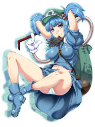 Rule 34 | 1girl, arms up, backpack, bad id, bad twitter id, bag, bandaid, bandaid on face, bandaid on nose, black gloves, blouse, blue eyes, blue hair, blue shirt, blue skirt, blush, boots, breasts, closed mouth, commentary request, crossed ankles, full body, gloves, green hat, hair bobbles, hair ornament, hat, kawashiro nitori, key, large breasts, looking at viewer, mechanical arms, midriff peek, mouth hold, navel, ootsuki wataru, panties, puffy short sleeves, puffy sleeves, shirt, short hair, short sleeves, simple background, skirt, smile, solo, technology, touhou, two side up, underwear, upskirt, white background