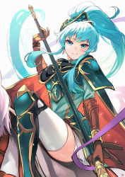 Rule 34 | 1girl, alternate costume, alternate hairstyle, animal, aqua eyes, aqua hair, armor, armored boots, blush, boots, brown gloves, cape, commentary request, cosplay, earrings, eirika (fire emblem), ephraim (fire emblem), ephraim (fire emblem) (cosplay), fire emblem, fire emblem: the sacred stones, fire emblem heroes, gauntlets, gloves, hair between eyes, hair ornament, high ponytail, highres, holding, holding polearm, holding spear, holding weapon, horse, horseback riding, jewelry, lips, long hair, looking at viewer, miniskirt, nakabayashi zun, nintendo, official alternate costume, parted lips, polearm, ponytail, riding, shoulder armor, sidelocks, skirt, smile, spear, teeth, thighhighs, thighs, weapon, white background, white skirt, white thighhighs