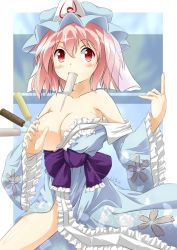 Rule 34 | 1girl, bad id, bad pixiv id, bare shoulders, between fingers, breast slip, breasts, collarbone, female focus, food, food in mouth, hat, holding, index finger raised, japanese clothes, large breasts, off shoulder, one breast out, pink hair, popsicle, red eyes, saigyouji yuyuko, shiny skin, short hair, sicile gloria, solo, touhou, triangular headpiece