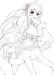 Rule 34 | 1girl, :d, animal ears, blush, bracelet, breasts, centaur, floral print, flower, hair flower, hair ornament, hairclip, highres, horse ears, japanese clothes, jewelry, kimono, lineart, monochrome, monster girl, new year, obi, open mouth, original, ponytail, saddle, sash, simple background, smile, solo, taur, uni8, white background