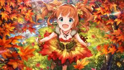 Rule 34 | 1girl, autumn leaves, blue eyes, idolmaster, idolmaster million live!, idolmaster million live! theater days, official art, open mouth, solo, takatsuki yayoi, twintails