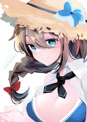 Rule 34 | 1girl, bikini, black neckerchief, blue bikini, blue eyes, blue flower, bow, braid, breasts, brown hair, cleavage, closed mouth, commentary request, flower, hair between eyes, hair bow, hair flaps, hat, hat flower, highres, kantai collection, looking at viewer, medium breasts, neckerchief, official alternate costume, red bow, shigure (kancolle), shigure kai san (kancolle), signature, solo, straw hat, sun hat, swimsuit, tobari (seaetana), upper body