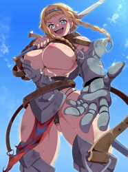 Rule 34 | 1girl, absurdres, armor, armored gloves, ass, black panties, blonde hair, blue sky, braid, breastplate, breasts, broken armor, cameltoe, curvy, hairband, highleg, highleg panties, highres, holding, holding sword, holding weapon, huge breasts, large breasts, leina (queen&#039;s blade), looking at viewer, micro panties, muscular, muscular female, nipples, one breast out, open mouth, panties, queen&#039;s blade, reaching, reaching towards viewer, revealing clothes, ryohei 29, shield, shiny skin, short hair with long locks, side braid, sky, smile, solo, sword, thong, twin braids, underwear, weapon, wide hips