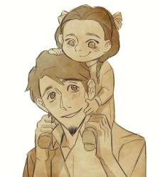 Rule 34 | 1boy, 1girl, black hair, braid, child, coco (disney), dark skin, disney, dress, closed eyes, facial hair, father and daughter, goatee, hector rivera, hector rivera (alive), mama coco, monochrome, short hair, smile, spoilers, twin braids, aged down
