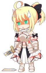 Rule 34 | 1girl, :&lt;, ahoge, armor, armored dress, artoria pendragon (fate), blonde hair, bow, broken, broken sword, broken weapon, caliburn (fate), capcom, chibi, donguri, dress, fate/stay night, fate/unlimited codes, fate (series), full body, gauntlets, green eyes, hair bow, kanda (squall-rinoa), long hair, ponytail, saber (fate), saber lily, shaded face, solo, sweatdrop, sword, transparent background, weapon
