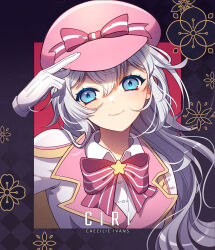 Rule 34 | 1girl, argyle, argyle background, argyle clothes, blue eyes, bow, bowtie, brooch, character name, closed mouth, coattails, collared shirt, colored eyelashes, commentary, commission, disembodied limb, english commentary, english text, floral background, gloves, grey hair, hand on headwear, hat, hat bow, head tilt, hen-tie, highres, jewelry, long hair, military hat, military uniform, original, pink bow, pink bowtie, pink hat, pink vest, purple background, salute, shirt, shoulder pads, single stripe, smile, solo, star brooch, straight-on, striped bow, striped bowtie, striped clothes, uniform, upper body, vest, wavy hair, white gloves, white shirt, yellow trim