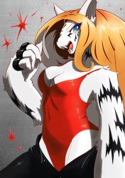 Rule 34 | 1girl, angry, blonde hair, blue eyes, cat, furry, furry female, long hair, open mouth, solo, swimsuit, unousaya