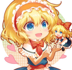 Rule 34 | 1girl, alice margatroid, blonde hair, blue eyes, capelet, chibi, doll, dress, frilled dress, frilled hairband, frills, hair between eyes, hairband, heart, jokanhiyou, long sleeves, looking at another, open mouth, red neckwear, shanghai doll, short hair, short sleeves, smile, touhou