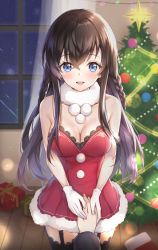 Rule 34 | 1girl, bad id, bad pixiv id, bare arms, bare shoulders, black thighhighs, blue eyes, box, braid, breasts, brown hair, christmas, christmas lights, christmas tree, cleavage, collarbone, cuna (qunya), dress, fur collar, garter straps, gift, gift box, gloves, highres, holding hands, indoors, lace trim, long hair, looking at viewer, medium breasts, open mouth, original, red dress, santa costume, sleeveless, sleeveless dress, smile, solo, solo focus, strapless, strapless dress, thighhighs, white gloves, window, zettai ryouiki