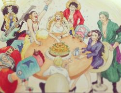 Rule 34 | 22nikki, black hair, blonde hair, blue hair, brook (one piece), franky (one piece), green hair, highres, long hair, monkey d. luffy, nami (one piece), nico robin, one piece, orange hair, roronoa zoro, sanji (one piece), skeleton, table, tony tony chopper, usopp