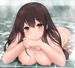 Rule 34 | 1girl, akagi (kancolle), blush, breasts, breasts on floor, brown eyes, brown hair, closed mouth, completely nude, dd (ijigendd), hair between eyes, highres, kantai collection, large breasts, long hair, looking at viewer, nipples, nude, partially submerged, smile, solo, water