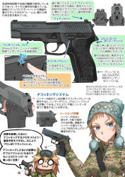 Rule 34 | 2girls, airsoft review illustrated, animal ears, blonde hair, blue eyes, breasts, camouflage, chibi, diagram, didloaded, gun, handgun, hat, information sheet, iron sights, japanese text, military, multiple girls, original, pistol, sidearm, sig sauer, sig p220/p226, sig sauer p226 e2, text focus, toy gun, translation request, weapon, weapon focus, weapon profile, winter clothes