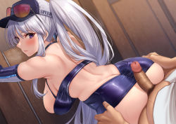 Rule 34 | absurdres, ass, azur lane, back cutout, bare shoulders, bent over, blush, breasts, buttjob, clothes lift, clothing cutout, detached sleeves, dress, elbow gloves, enterprise (anniversary ride) (azur lane), enterprise (azur lane), enterprise (wind catcher) (azur lane), erection, from behind, glasses, gloves, hanging breasts, hat, highres, large breasts, leaning forward, looking back, momo no sukebe, official alternate costume, penis, penis under another&#039;s clothes, ponytail, purple eyes, sexually suggestive, skin tight, skindentation, skirt, skirt lift, sleeveless, sleeveless dress, thigh grab, thighs, white hair
