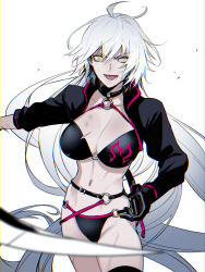 Rule 34 | 1girl, :o, ahoge, black bra, black collar, black gloves, black thighhighs, bra, breasts, bruise, chromatic aberration, cleavage, collar, fate/grand order, fate (series), gloves, injury, jeanne d&#039;arc alter (swimsuit berserker) (fate), jeanne d&#039;arc (fate), jeanne d&#039;arc alter (fate), jeanne d&#039;arc alter (swimsuit berserker) (fate), large breasts, long hair, looking at viewer, navel, o-ring, open mouth, solo, standing, thighhighs, underwear, very long hair, white hair, yellow eyes, zuwai kani