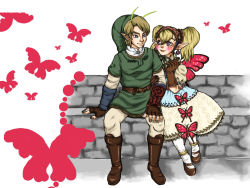 Rule 34 | 1boy, 1girl, agitha, antennae, bad id, bad pixiv id, blush, bug, butterfly, couple, insect, link, nintendo, pantyhose, rouken, the legend of zelda, the legend of zelda: twilight princess, wall, white pantyhose