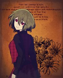 Rule 34 | 1girl, absurdres, alternate costume, black shirt, brown background, english text, flower, flower god god of the spring, green hair, highres, kazami yuuka, looking at viewer, looking back, plaid, poem, red eyes, shirt, skirt, solo, @ @, tabazi, texture, touhou, unmoving pattern, upper body, vest