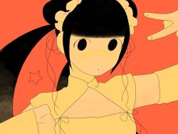 Rule 34 | 1girl, :o, arm up, black eyes, black hair, black ribbon, blunt bangs, cheese 000070, cleavage cutout, clothing cutout, detached sleeves, double bun, dress, dress ribbon, empty eyes, frilled dress, frilled sleeves, frills, hair bun, hair ornament, hair ribbon, hair scrunchie, hand up, highres, limited palette, long hair, long sleeves, looking at viewer, mandarin collar, no sclera, orange background, original, ribbon, scrunchie, short sleeves, sidelocks, simple background, sleeves past fingers, sleeves past wrists, solo, star (symbol), twintails, upper body, v, wide sleeves, yellow dress