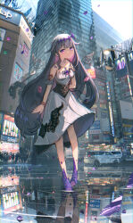 Rule 34 | 1girl, absurdres, advarcher, building, car, city, closed mouth, crying, dress, expressionless, grey hair, highres, hololive, hololive english, jewelry, koseki bijou, koseki bijou (1st costume), long hair, motor vehicle, puddle, purple eyes, solo, very long hair, virtual youtuber, water, white dress, wings