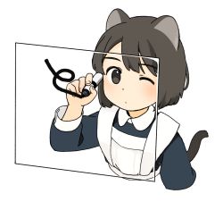 Rule 34 | 1girl, akai sashimi, animal ears, apron, black eyes, black hair, black tail, bob cut, cat ears, cat girl, cat tail, closed mouth, cropped torso, dot mouth, dot nose, drawing, hand up, holding, holding marker, long sleeves, maid apron, marker, one eye closed, original, short hair, simple background, solo, swept bangs, tail, transparent, white apron, white background, wing collar
