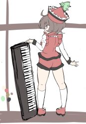 Rule 34 | 1girl, ahoge, brown eyes, brown hair, commentary, from behind, full body, hat, hat ornament, instrument, jyaoh0731, keyboard (instrument), long sleeves, looking at viewer, looking back, lyrica prismriver, red footwear, red hat, red shorts, short hair, shorts, socks, solo, standing, star (symbol), star hat ornament, touhou, white background, white socks