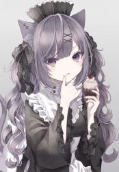 Rule 34 | 1girl, :o, animal ear fluff, animal ears, apron, black dress, black ribbon, blush, cat ears, commentary, cupcake, dress, ear piercing, food, grey background, hair ornament, hair ribbon, hairclip, highres, holding, holding food, lace trim, long hair, looking at viewer, maid, muted color, open mouth, original, paruno, piercing, purple eyes, purple hair, ribbon, simple background, wavy hair, white apron, wiping face