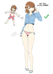 Rule 34 | 1girl, ?, adapted costume, arrow (symbol), bare legs, bikini, brown eyes, brown hair, checkmark, collarbone, collared shirt, commentary, cropped shirt, denim, denim shirt, denim shorts, earrings, english commentary, english text, full body, hand up, highres, jewelry, light blush, long sleeves, looking at viewer, midriff, nail polish, navel, omniformblue, open mouth, persona, persona 3, pink bikini, pink nails, sandals, shirt, short hair, shorts, side-tie bikini bottom, signature, simple background, solo, standing, stomach, stud earrings, swept bangs, swimsuit, takeba yukari, toenail polish, toenails, toes, white background, x