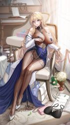 Rule 34 | ahoge, artoria pendragon (lancer) (fate), bare shoulders, between breasts, blonde hair, blue eyes, blue ribbon, blue skirt, blush, bodystocking, braid, breast lift, breasts, chain, chain between breasts, claw ring, commentary request, covered erect nipples, curly hair, eyelashes, fate (series), hair between eyes, heart, heart in eye, heart pasties, indoors, large breasts, lips, long hair, long sleeves, looking at viewer, mole, mole under eye, nail polish, no bra, off shoulder, original, pasties, pink nails, ribbon, shirt, sitting, skirt, sweat, symbol in eye, tsuki no i-min, very long hair, white shirt