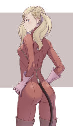 Rule 34 | 10s, 1girl, ass, atlus, blonde hair, blue eyes, blush, bodysuit, breasts, cheshirrr, closed mouth, cowboy shot, earrings, fake tail, from behind, gloves, hands on own hips, highres, jewelry, long hair, looking at viewer, mask, unworn mask, medium breasts, persona, persona 5, pink gloves, red bodysuit, red legwear, sega, solo, standing, stud earrings, tail, takamaki anne, twintails
