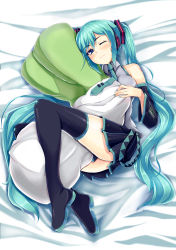 Rule 34 | 1girl, absurdres, aqua hair, blue eyes, blush, body pillow, boots, detached sleeves, female focus, hatsune miku, headphones, highres, legs, long hair, looking at viewer, lying, necktie, nekur, one eye closed, pillow, skirt, solo, spring onion, thigh boots, thighhighs, thighs, twintails, very long hair, vocaloid, wink