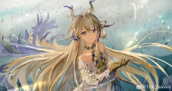 Rule 34 | 10k leaves, 1girl, absurdres, arknights, bare shoulders, beads, blonde hair, brown hair, chinese commentary, closed mouth, commentary request, dragon girl, dragon horns, earrings, grey eyes, highres, horns, jewelry, light smile, long hair, long sleeves, looking at viewer, magic, multicolored hair, necklace, off shoulder, pointy ears, purple hair, red pupils, shu (arknights), sketch, solo, upper body, watermark, weibo logo, weibo watermark