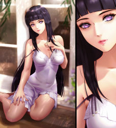 Rule 34 | 1girl, bare arms, bare legs, black hair, breasts, cleavage, collarbone, dappled sunlight, dress, esther shen, grey dress, hime cut, hyuuga hinata, large breasts, long hair, looking at viewer, naruto (series), naruto shippuuden, parted lips, pink lips, purple eyes, short dress, signature, sitting, sleeveless, sleeveless dress, solo, straight hair, strap slip, sundress, sunlight, very long hair