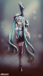 Rule 34 | 1girl, absurdres, aqua eyes, aqua hair, aqua necktie, artist name, bare shoulders, between breasts, black skirt, black sleeves, black thighhighs, blurry, bokeh, boots, breasts, commentary, deog3, depth of field, detached sleeves, full body, grey shirt, hair ornament, hands on own legs, hatsune miku, headphones, headset, highres, long hair, looking at viewer, miniskirt, necktie, necktie between breasts, pleated skirt, shirt, skirt, sleeveless, sleeveless shirt, small breasts, smile, solo, split, standing, standing on one leg, standing split, thigh boots, thighhighs, twintails, very long hair, vocaloid, zettai ryouiki
