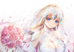 Rule 34 | 1girl, alternate costume, bare shoulders, blonde hair, blue eyes, blush, bouquet, breasts, bridal veil, bride, cleavage, closed mouth, collarbone, dress, earrings, elbow gloves, fate/grand order, fate (series), flower, geko, glint, gloves, headpiece, holding, holding bouquet, jeanne d&#039;arc (fate), jeanne d&#039;arc (ruler) (fate), jewelry, large breasts, long hair, looking at viewer, petals, pink flower, pink rose, rose, rose petals, sleeveless, sleeveless dress, smile, solo, upper body, veil, very long hair, wedding dress, white dress, white gloves