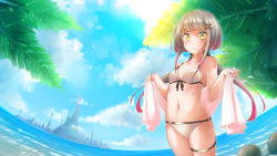 Rule 34 | 1girl, bare arms, bare shoulders, bikini, blush, breasts, brown eyes, brown hair, cleavage, closed mouth, comah, commentary request, day, fisheye, front-tie bikini top, front-tie top, gradient hair, hair ornament, highres, holding, holding towel, horizon, long hair, looking at viewer, low twintails, multicolored hair, navel, ocean, original, outdoors, pink hair, skyline, small breasts, solo, swimsuit, thigh strap, towel, tower, twintails, very long hair, water, white bikini